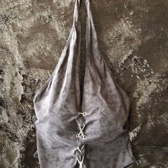 Pewter Ultra Suede One Piece Halter Bathing Suit M - Picture 2 of 5